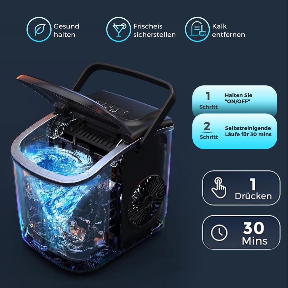 Self-cleaning ice cube machine (12 kg in 24 h): 2 ice cube sizes, ice cube maker for home